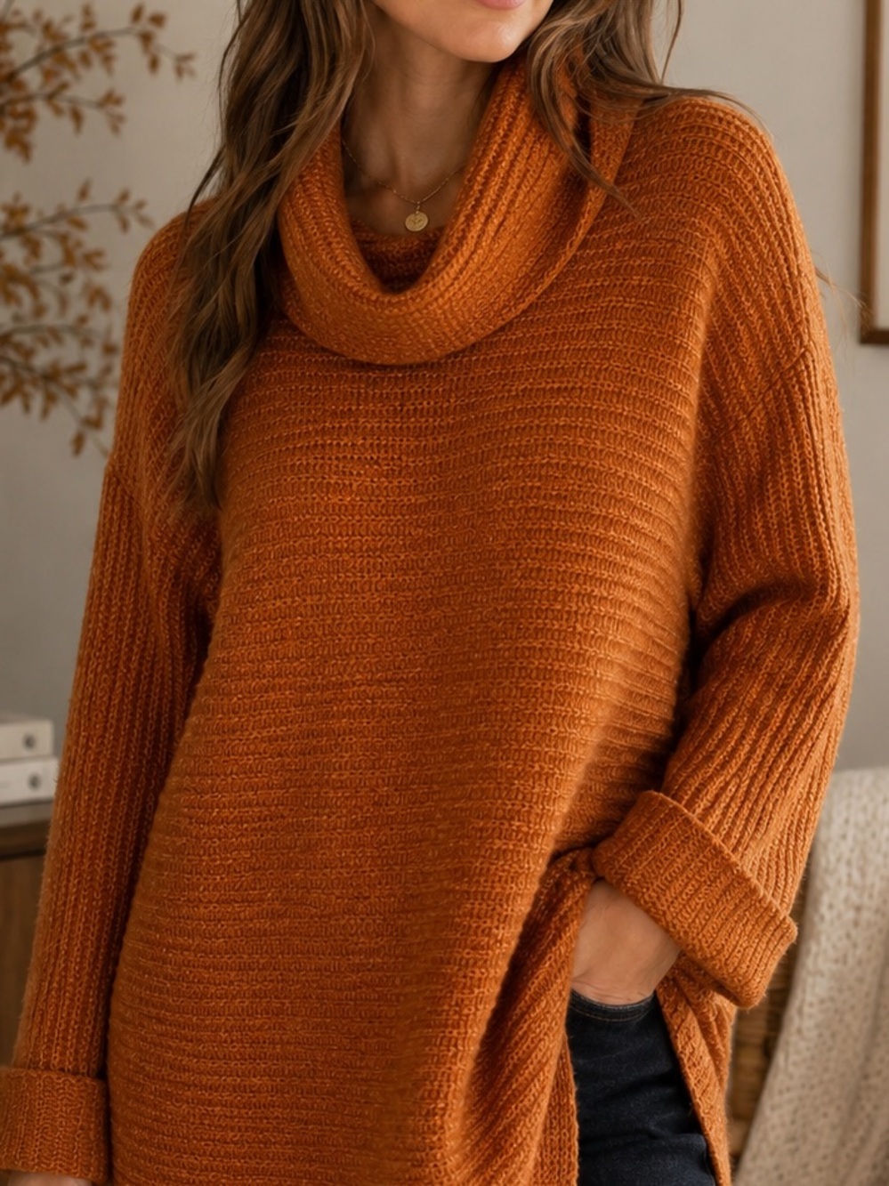 Pilcro Anthropologie Oversized Cowl Neck Sweater S Rust Orange Chunky Knit